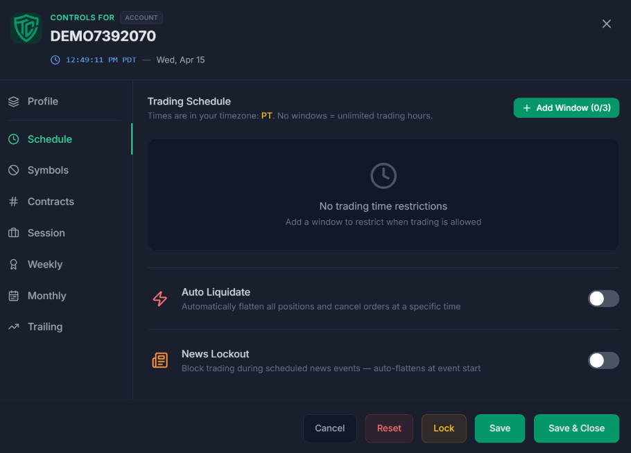 Trading Schedule Enforcement screenshot
