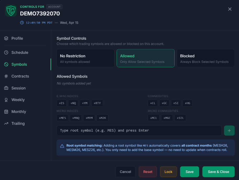 Daily / Weekly / Monthly Controls screenshot
